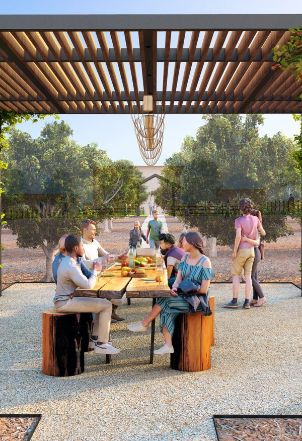 rendering of arbor with picnic table under in The Grove