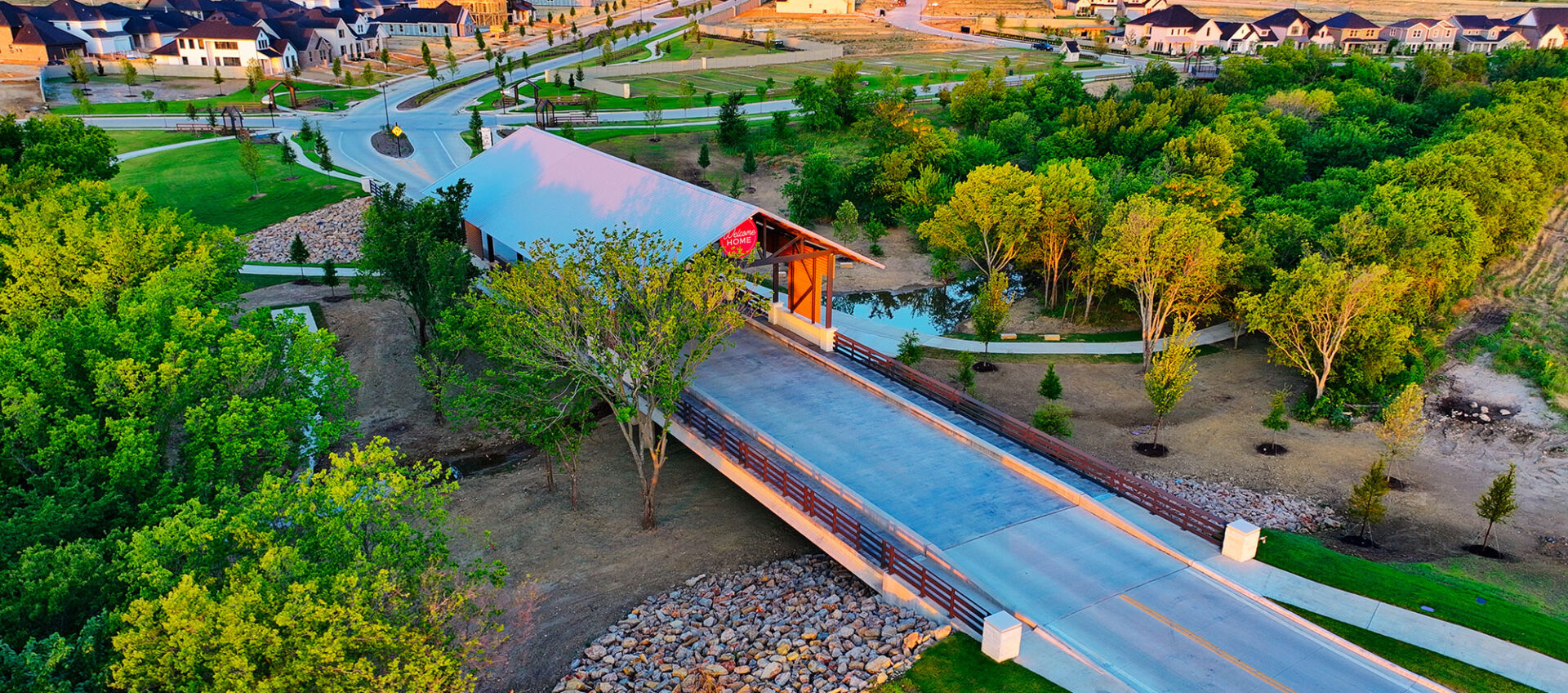 Aerial view of the entrance bridge at Treeline