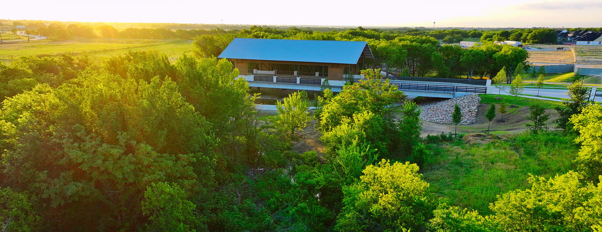 Aerial view of the entrance bridge to Treeline