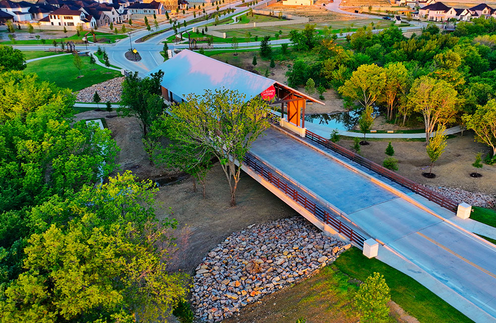 Aerial view of the entrance bridge at Treeline