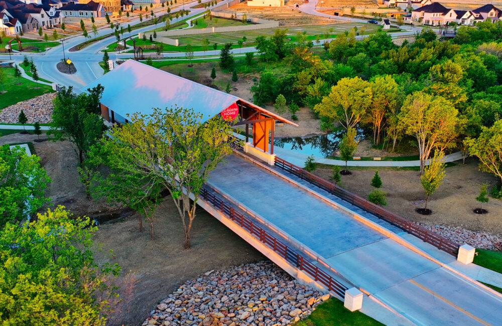 Aerial image of the entrance bridge at Treeline