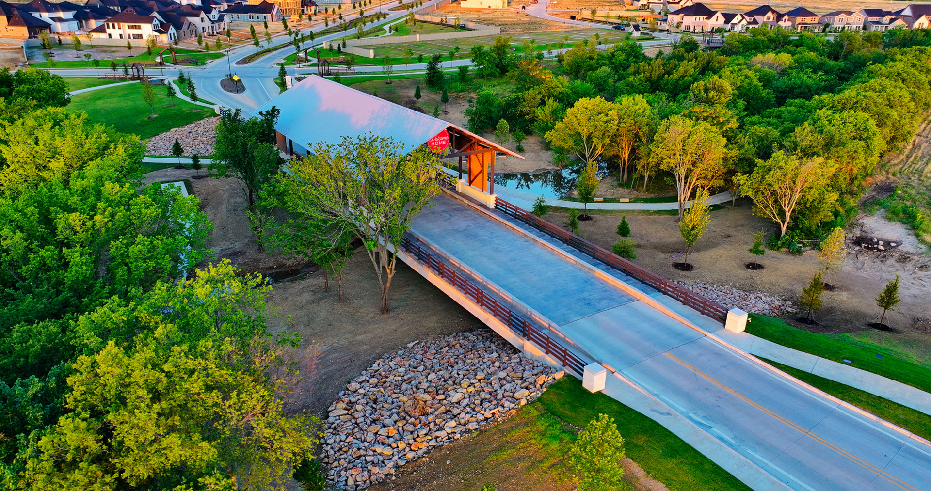 Aerial view of the entrance bridge at Treeline