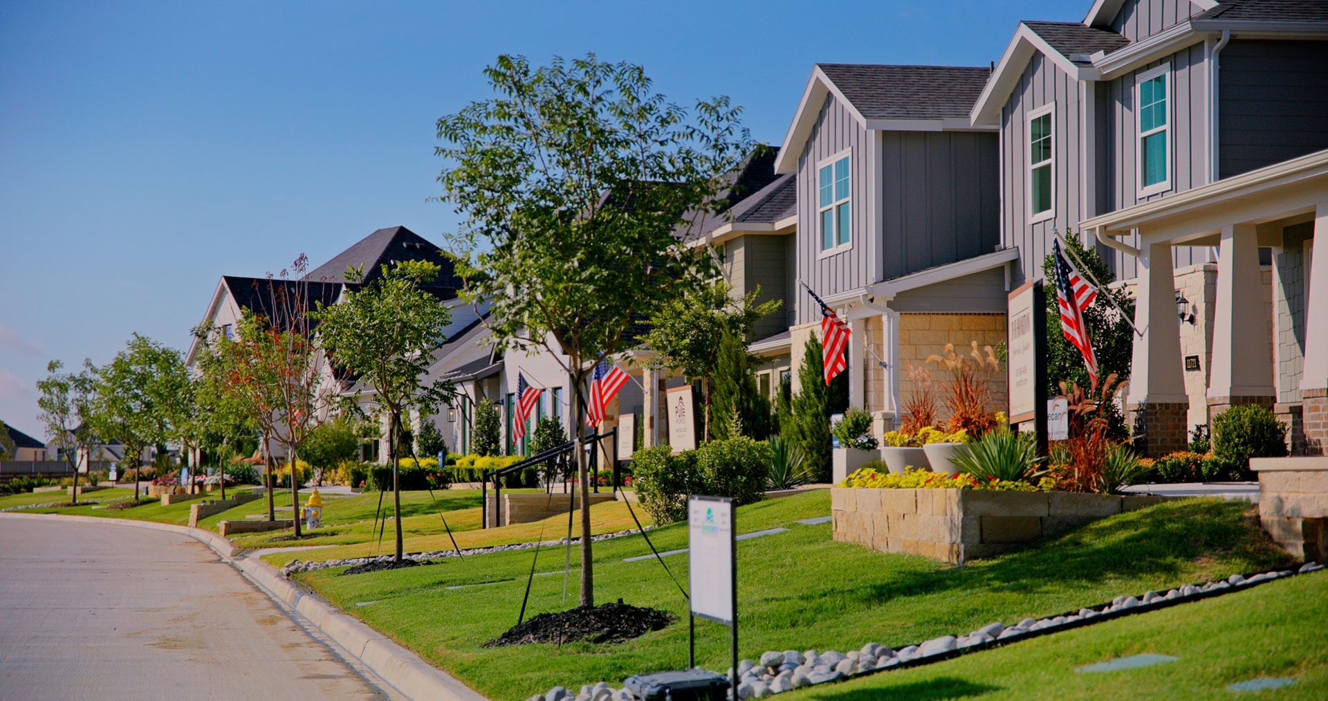 Model homes on a street in Treeline